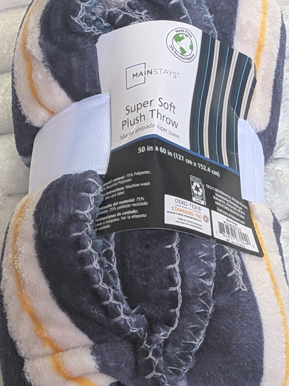 Mainstays Plush Throw Blanket in Gray, White and Yellow Stripe